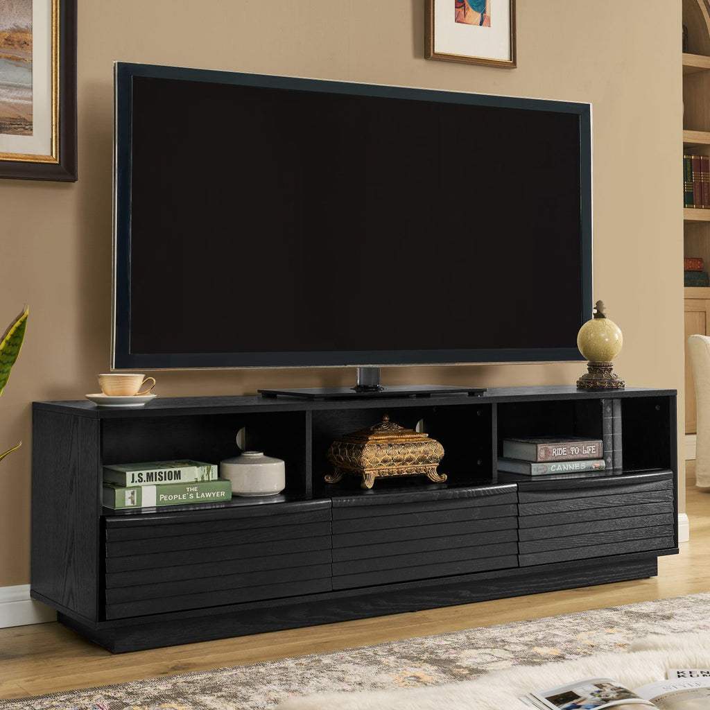 63" Mid-Century Modern TV Stand for TVs up to 75", Thick Sturdy Farmhouse Entertainment Cabinet, Media Console for Living Room, Louver Design & Solid Wood Drawers & Outlet Holes, Black