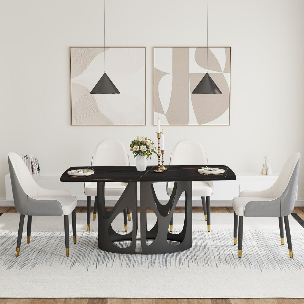63 "Modern Artificial Stone Curved Black Panel Black Iron Metal Legs-Can Accommodate 6 People