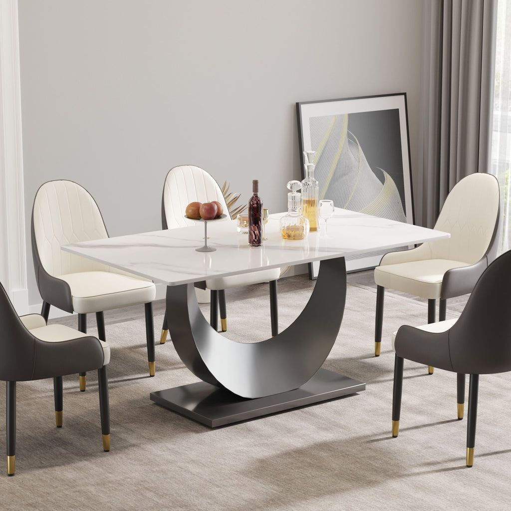 63" modern artificial stone white crescent-shaped black metal legs-can accommodate 6-8 people.