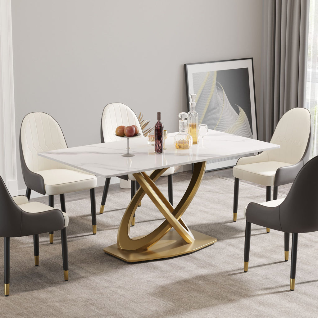 63 "modern artificial stone white panel double-ring stainless steel metal legs-can accommodate 6-8 people.
