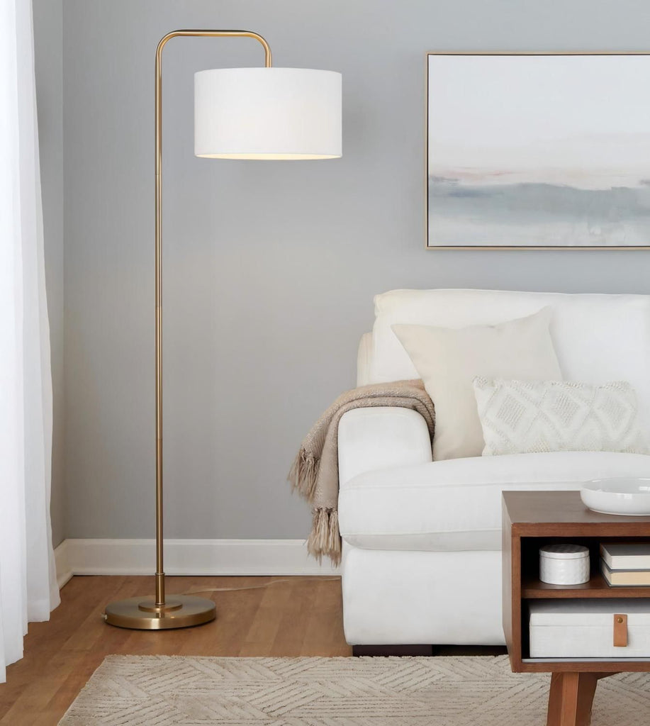 63.75" Contemporary Metal Floor Lamp in Gold Metal with White Linen Shade