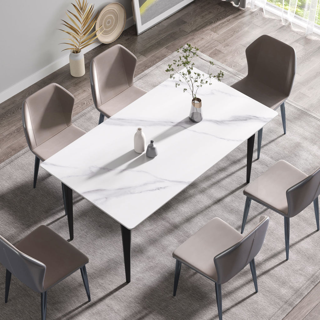 63"Modern artificial stone white straight edge black metal leg dining table -6 people
