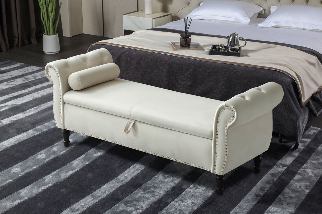63" Velvet Multifunctional Storage Rectangular Sofa Stool Buttons Tufted Nailhead Trimmed Solid Wood Legs with 1 Pillow; Beige