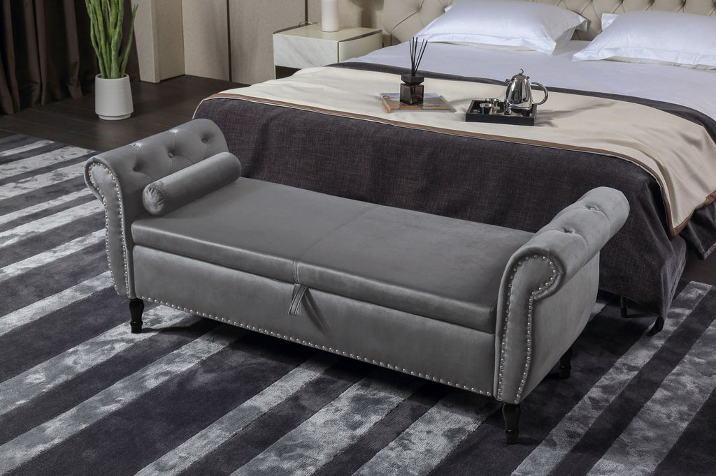 63" Velvet Multifunctional Storage Rectangular Sofa Stool Buttons Tufted Nailhead Trimmed Solid Wood Legs with 1 Pillow; Grey
