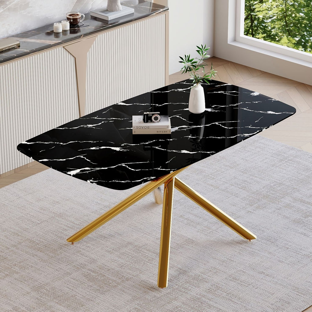 63"x35.4" Luxurious Black Marble-Patterned Tempered Glass Dining Table.Single Fork Golden Metal Table Legs.Tempered Glass Table Top,Golden Metal Leg.Make it Adaptable To Various Decoration Styles.