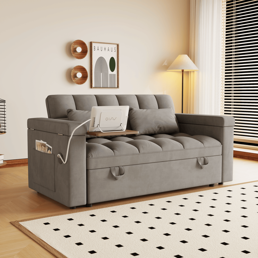 65-inch 3-in-1 foldable large-size sofa bed with table board and UAB, armrests with storage function. Modern velvet double sofa, sofa bed with adjustable back and pillow, suitable for living room