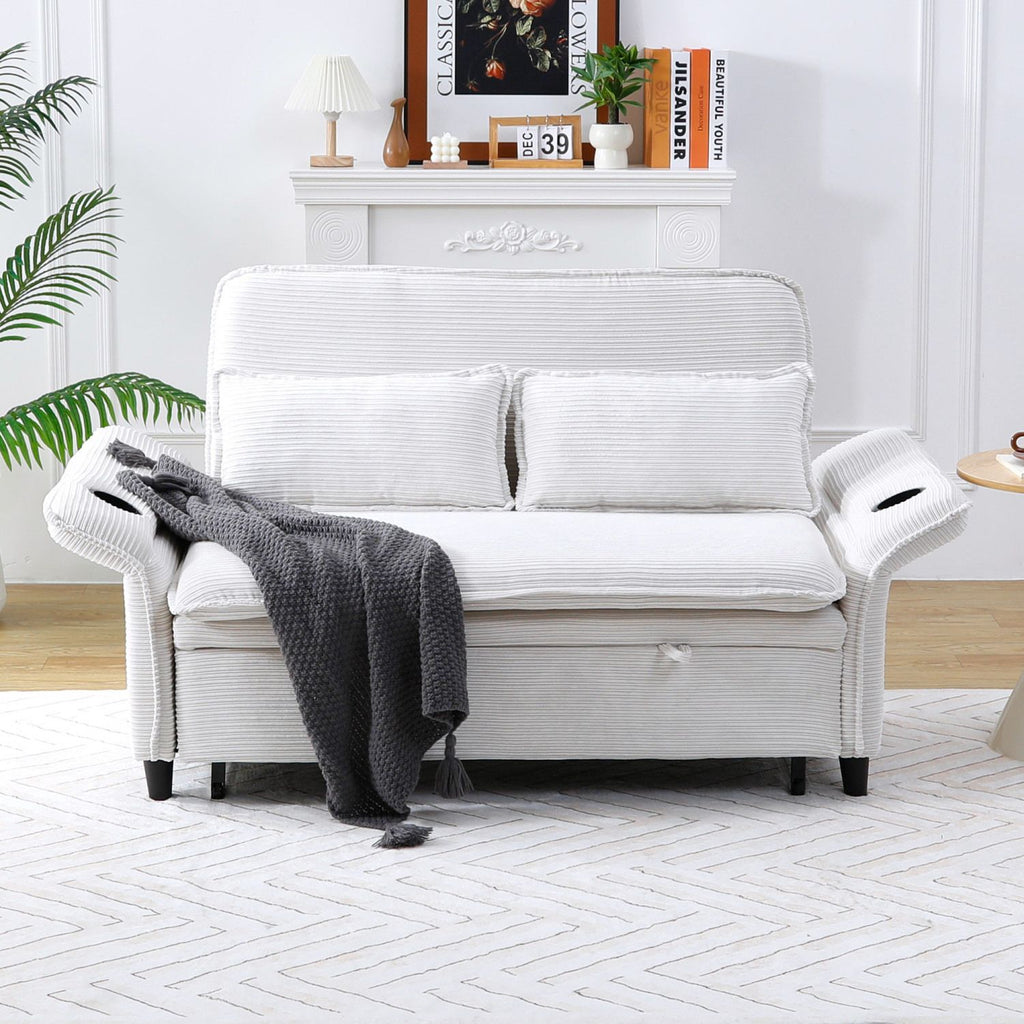 65.74-inch beige letter striped fabric multi-functional sofa bed, suitable for bedrooms and living rooms. The armrests and backrests are adjustable.