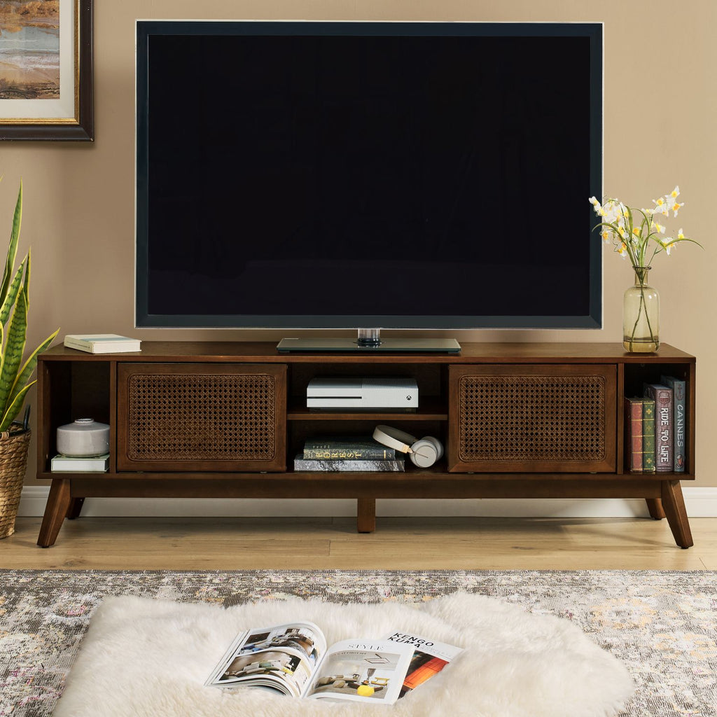 67.9 Inch Mid Century Modern Rattan TV Stand for TVs up to 75", Entertainment Cabinet, Media Console for Living Room Media Room, Solid Wood Feet & Rattan Cabinet Doors - Walnut