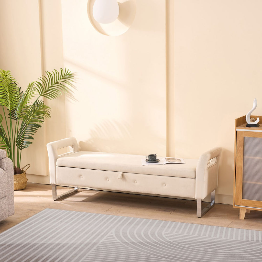 67.91"Wide Velvet Storage Soft Bench with Armrests for Living Room, Entryway and Bedroom. Beige