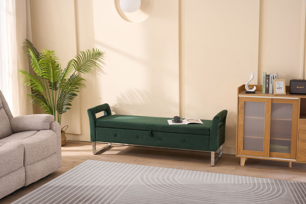 67.91"Wide Velvet Storage Soft Bench with Armrests for Living Room, Entryway and Bedroom. GREEN
