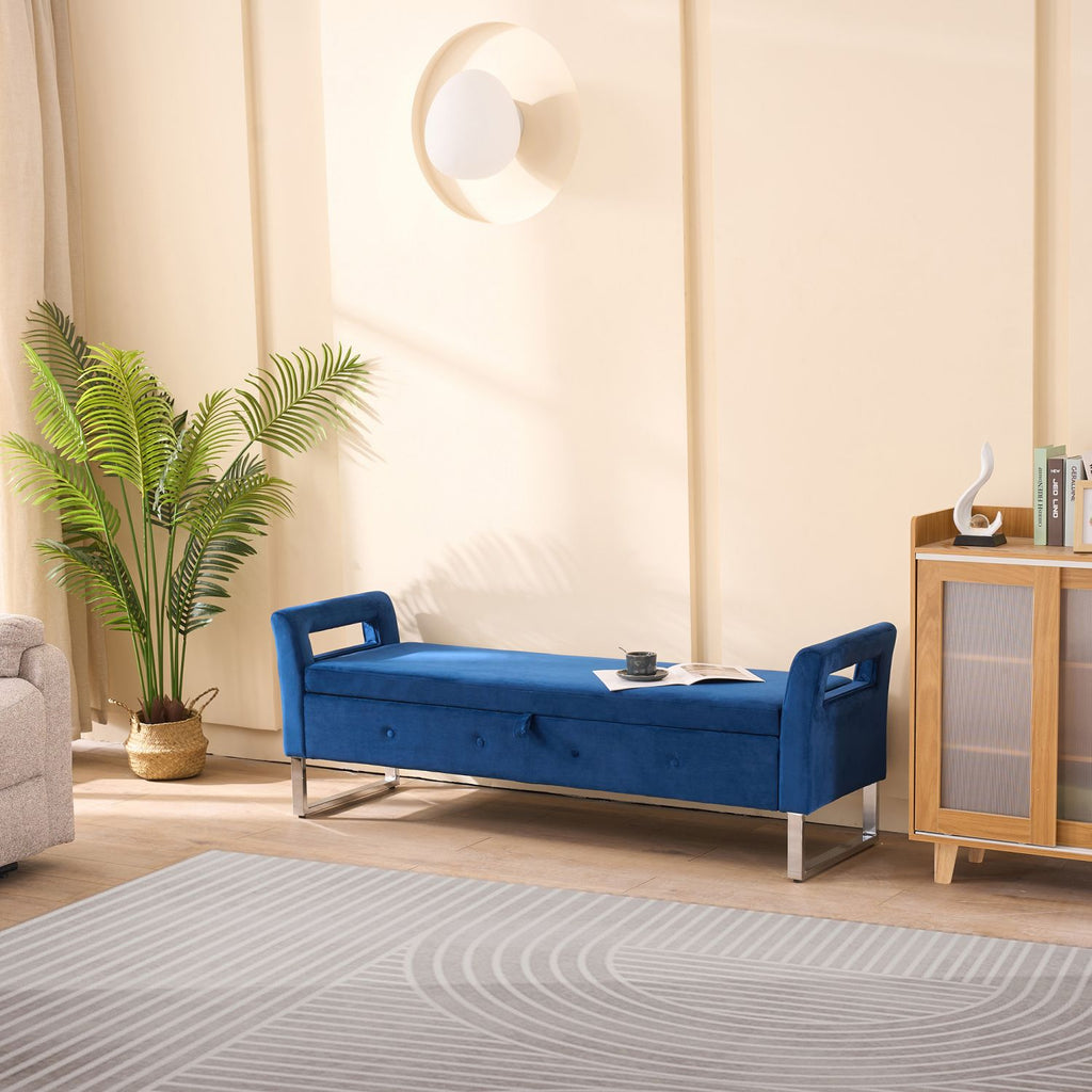 67.91"Wide Velvet Storage Soft Bench with Armrests for Living Room, Entryway and Bedroom. Navy