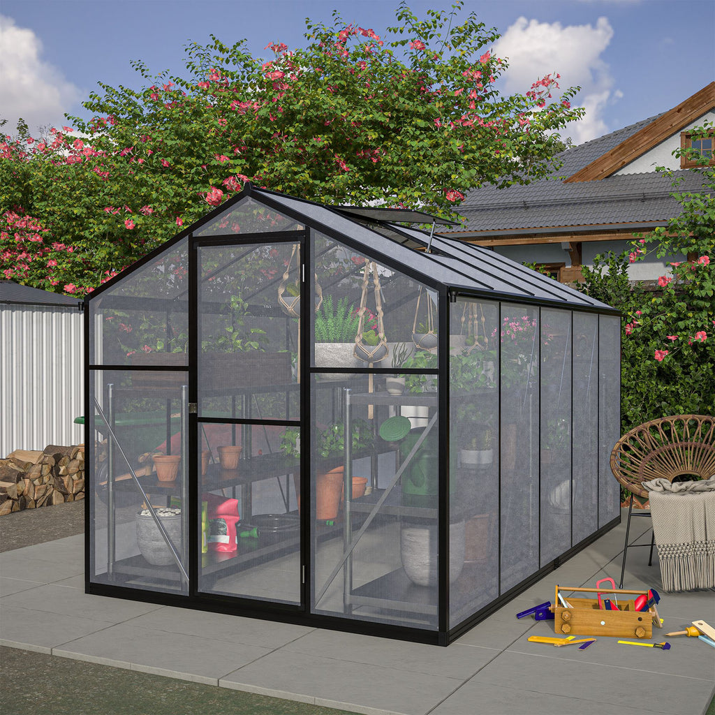 6x10 ft Outdoor Polycarbonate Greenhouse Kit with Aluminum Frame, Walk-in Garden Green House with Lockable Door & Adjustable Roof Vent, Backyard, Patio