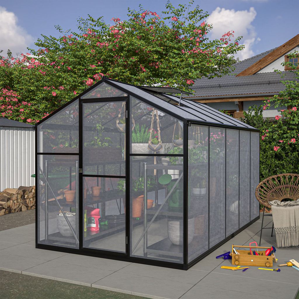 6x10 ft Outdoor Polycarbonate Greenhouse Kit with Aluminum Frame, Walk-in Garden Green House with Lockable Door & Adjustable Roof Vent, Backyard, Patio