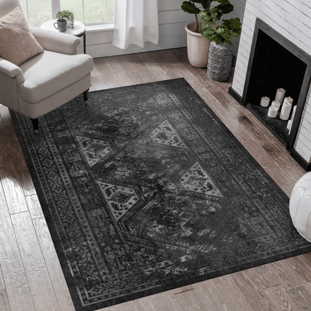 6x9 Area Rugs, Washable Rug, Low-Pile, Non-Slip, Non-Shedding, Foldable, Kid & Pet Friendly - Area Rugs for living room, bedroom, kitchen, dining room rug - Perfect Gifts, (Black+ Gray, 6' x 9')