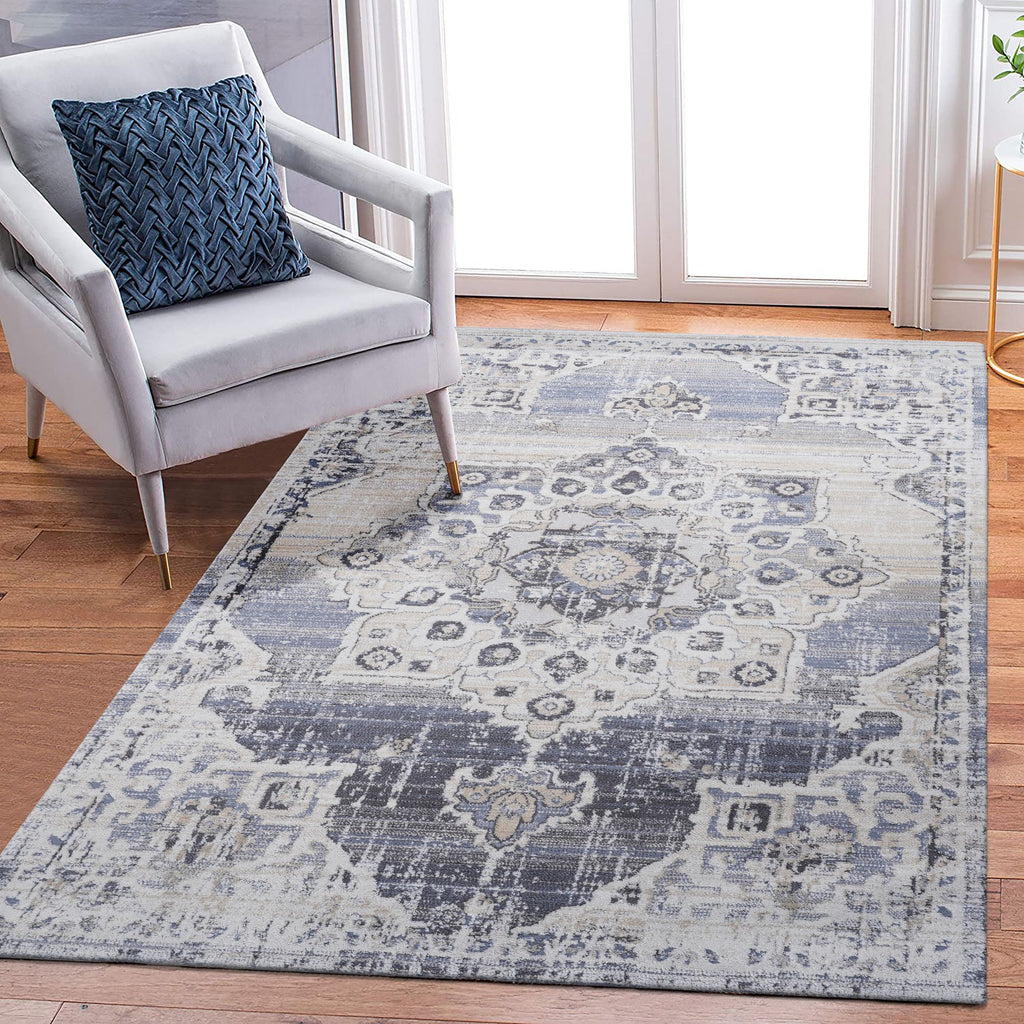 6X9 Cream/Blue /Medallion Non-Shedding Living Room Bedroom Dining Home Office Stylish and Stain Resistant Area Rug