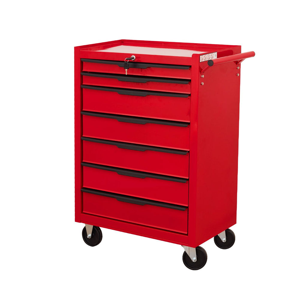 7-Drawer Rolling Tool Chest Cabinet, Large Capacity Metal Tool Box with Wheels and Cylinder Locking, Roll Around Storage Organizer Tool Cart for Garage, Warehouse, Work Shop - Red
