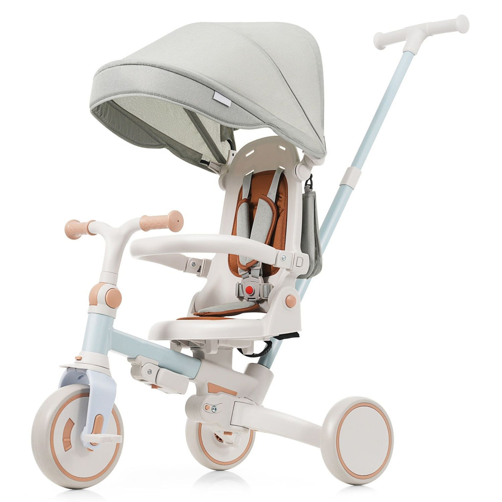 7 in 1 Baby Tricycle, Foldable Toddler Tricycle with Removable and Adjustable Parent Handle, Toddler Push Bike with Removable Pedal, Canopy, and Guardrail, Tricycle for 12-72 Months, blue