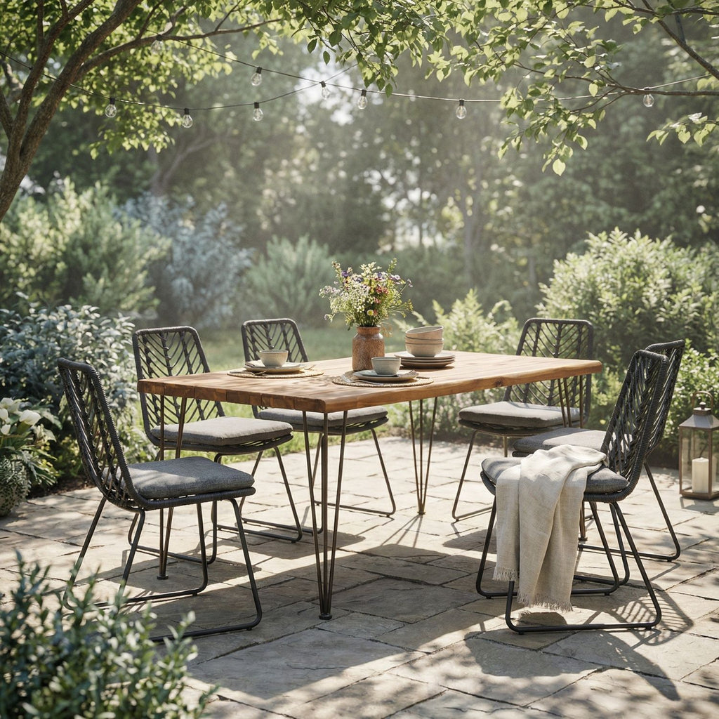 7 PCS Outdoor Dining Set for 6, Rectangular Table with Acacia Wood Top & Rattan Chairs, 72" Large Modern Furniture Set for Patio, Deck, Backyard, Porch,Teak&Black