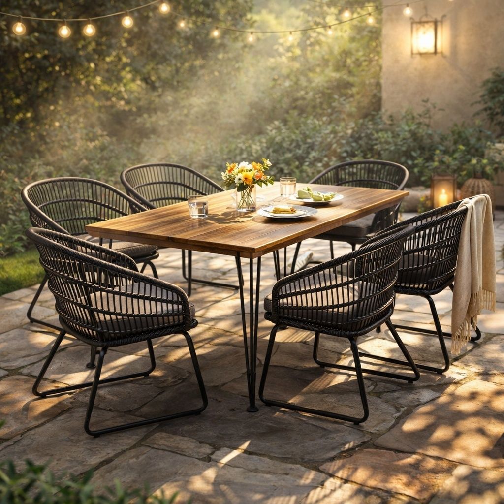 7 PCS Outdoor Dining Set for 6, Rectangular Table with Acacia Wood Top & Rattan Chairs, 72" Large Modern Furniture Set for Patio, Deck, Backyard, Porch,Teak&Black