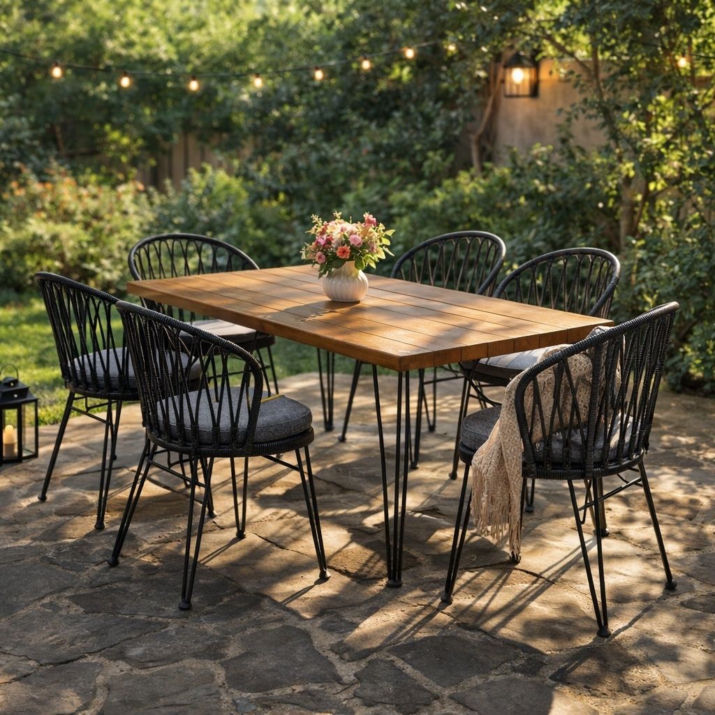 7 PCS Outdoor Dining Set for 6, Rectangular Table with Acacia Wood Top & Rattan Chairs, 72" Large Modern Furniture Set for Patio, Deck, Backyard, Porch,Teak&Black