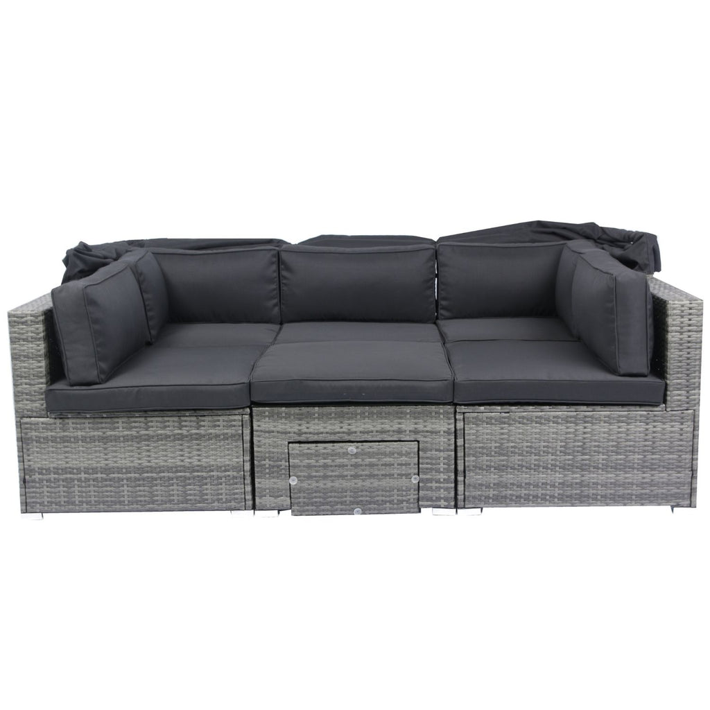 7-Piece Patio Furniture Set w/Retractable Canopy Wicker Rattan Sectional Sofa Set Patio Furniture with Washable Cushions for Lawn, Garden, Backyard, Poolside Grey wicker + Black Cushion