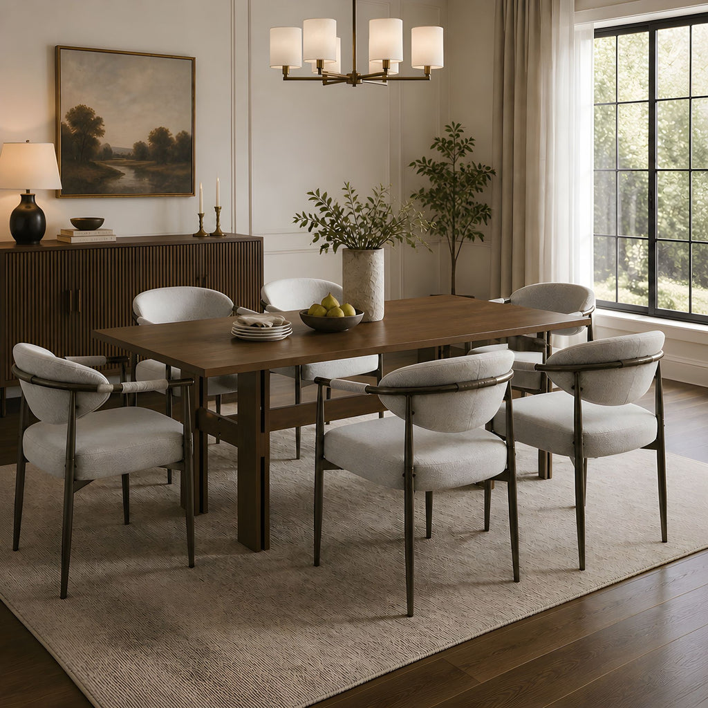 7 Pieces Modern Oval Dining Set, Rustic Farmhouse Solid Wood Kitchen Table Set for 6, 71'' Large Luxury Retro Country Dinner Set with Beige Chairs, for Dining Room, Kitchen,Walnut