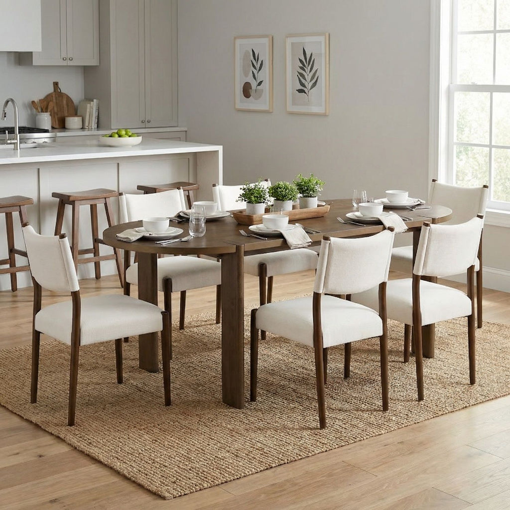 7 Pieces Modern Oval Dining Set, Rustic Farmhouse Solid Wood Kitchen Table Set for 6, 71'' Large Luxury Retro Country Dinner Set with Espresso Chairs, for Dining Room,Kitchen, Walnut