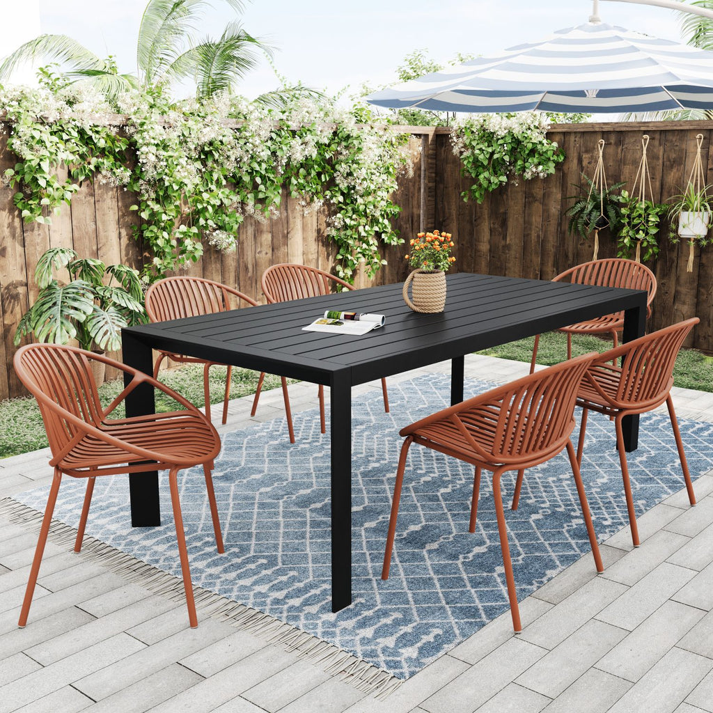 7 Pieces Outdoor Modern Metal and Polypropylene Dining Set with Stackable Chair,Orange+Black
