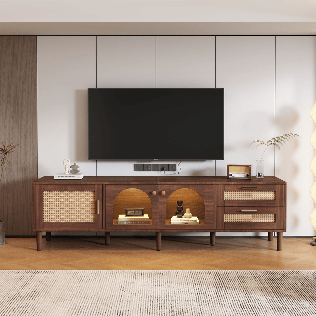 70 inch TV Stand for TVs up to 80", Entertainment Center with App Controlled LED Lights, 2 Drawers & Glass Door Storage, Modern Media Console for Living Room