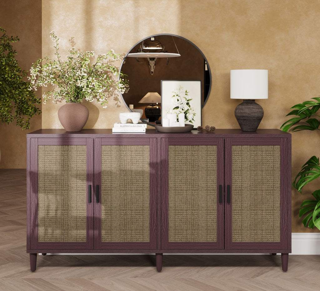 70" Rattan Buffet Cabinet with Storage, 4-Door Sideboard Buffet Cabinet with Adjustable Shelves for Kitchen, Living Room and Dining Room, Easy Assembly,Brown