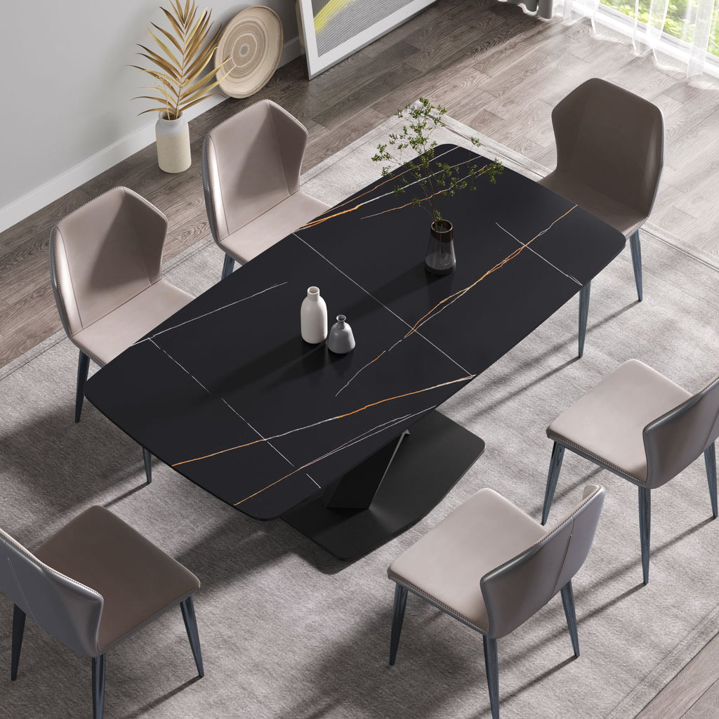 70.87"Modern artificial stone black curved black metal leg dining table-can accommodate 6-8 people