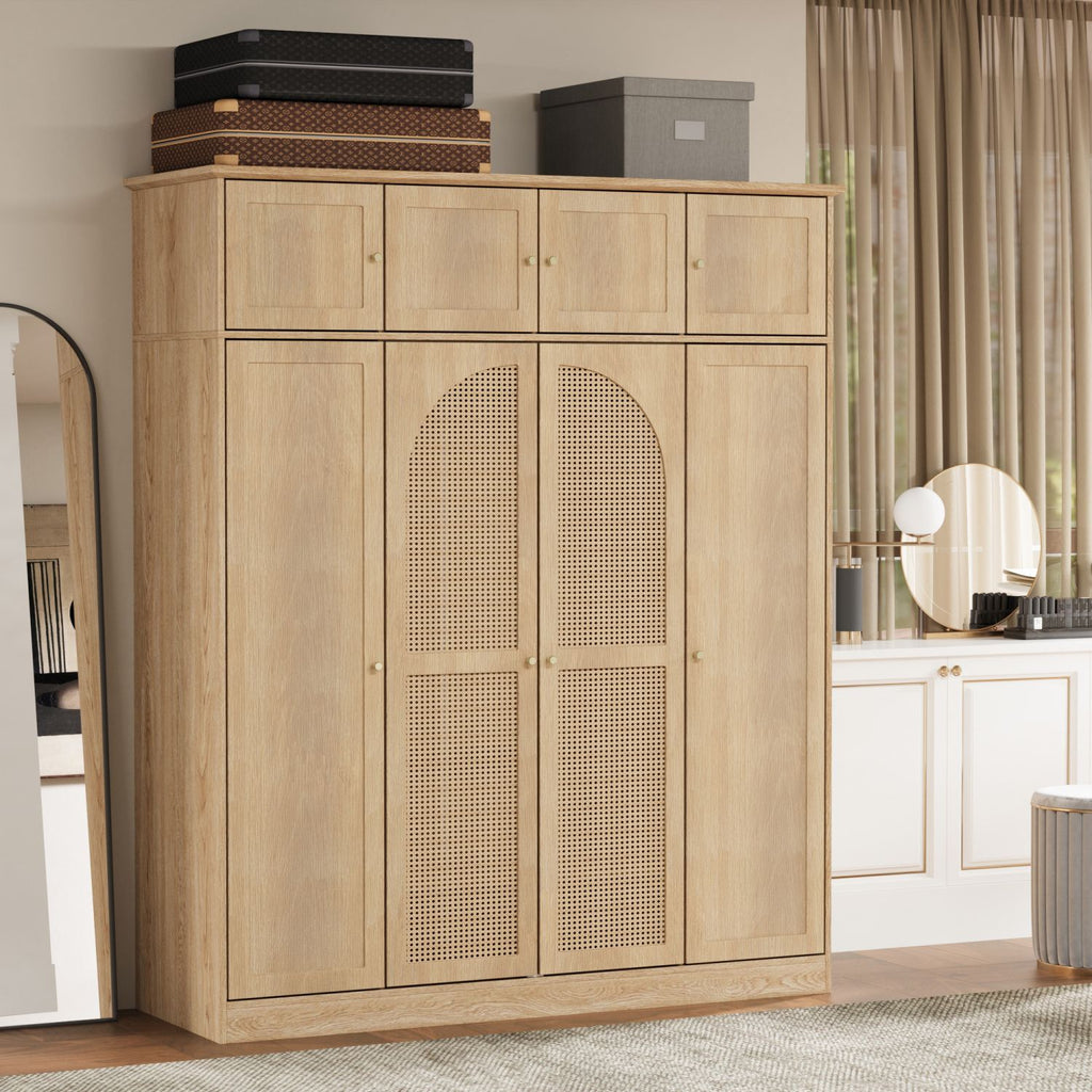 70.87"Tall 8-Door Large Capacity Armoire Wardrobe Closet with Hanging Rod, Adjustable Shelves and Rattan Decorative Doors, Clothing Storage Cabinet for Bedroom, walk-in closet, Living Room, Natural