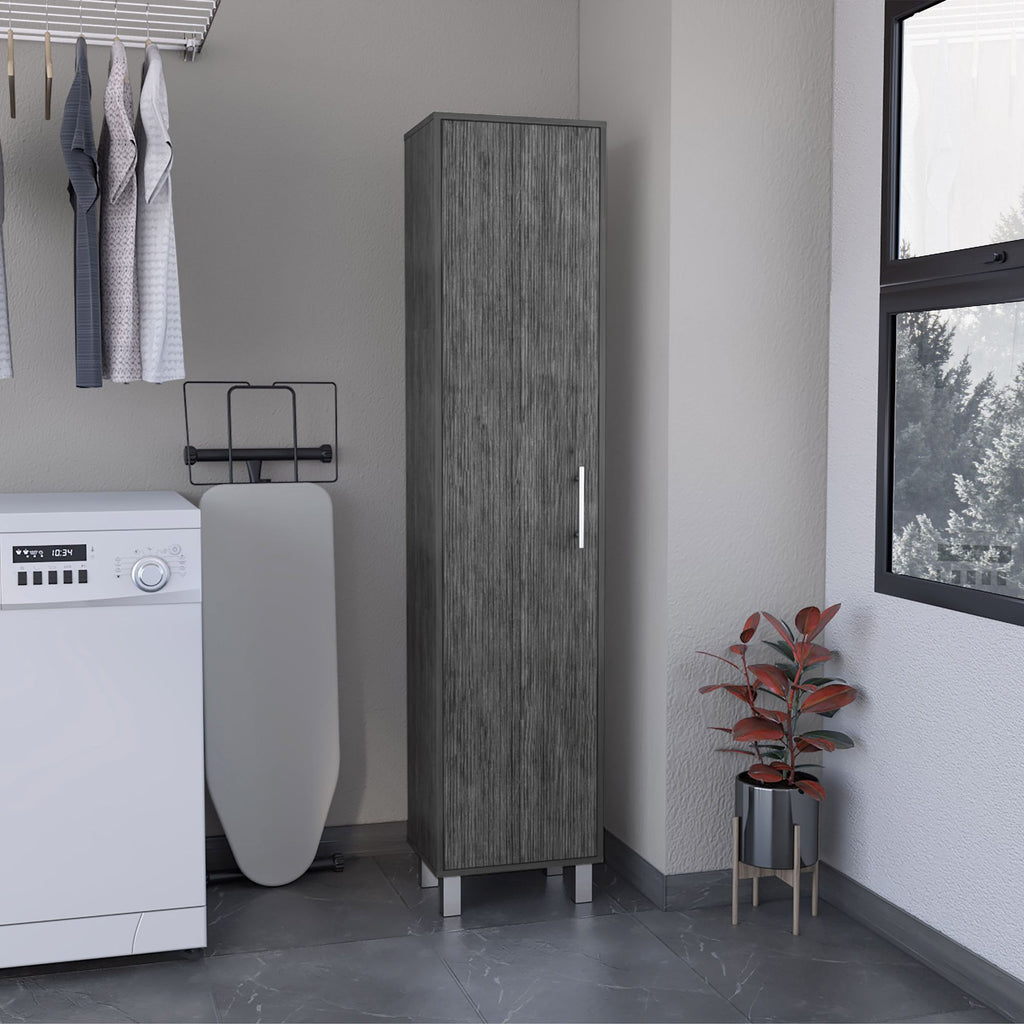 70.8H" Tall Narrow Storage Cabinet with 5-Tier Shelf, 3 Broom Hangers and Metal hardware, Smokey Oak