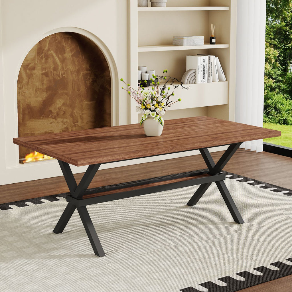 71 * 35.4 inch walnut MDF splicing desktop with X-shaped metal frame dining table. Modern industrial style multifunctional dining table for household dining, suitable for 6-8 people.
