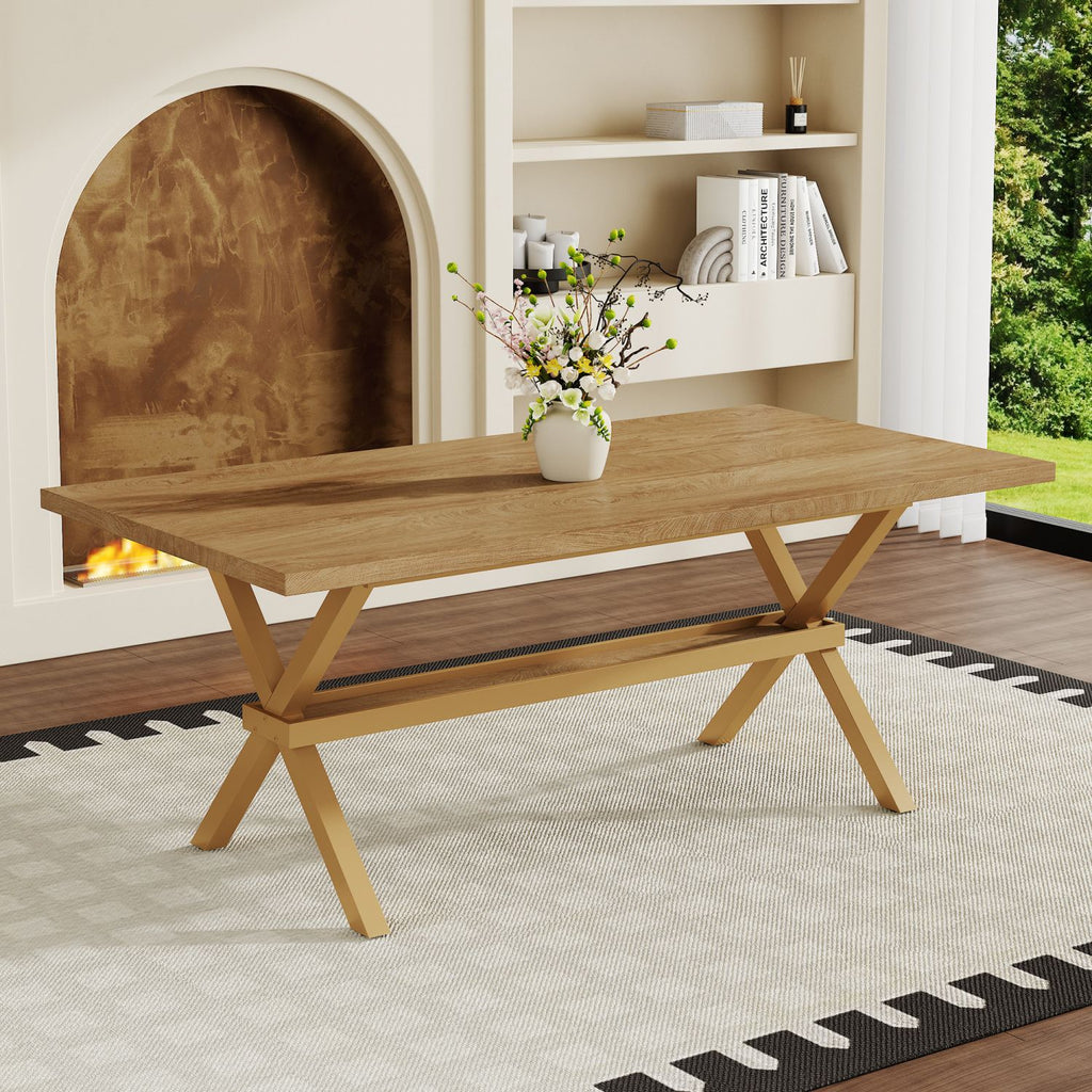 71 * 35.4 inch wood MDF splicing desktop, light wood MDF splicing desktop, wood sprayed metal X-shaped bracket dining table. The modern minimalist restaurant table can accommodate 6-8 people.