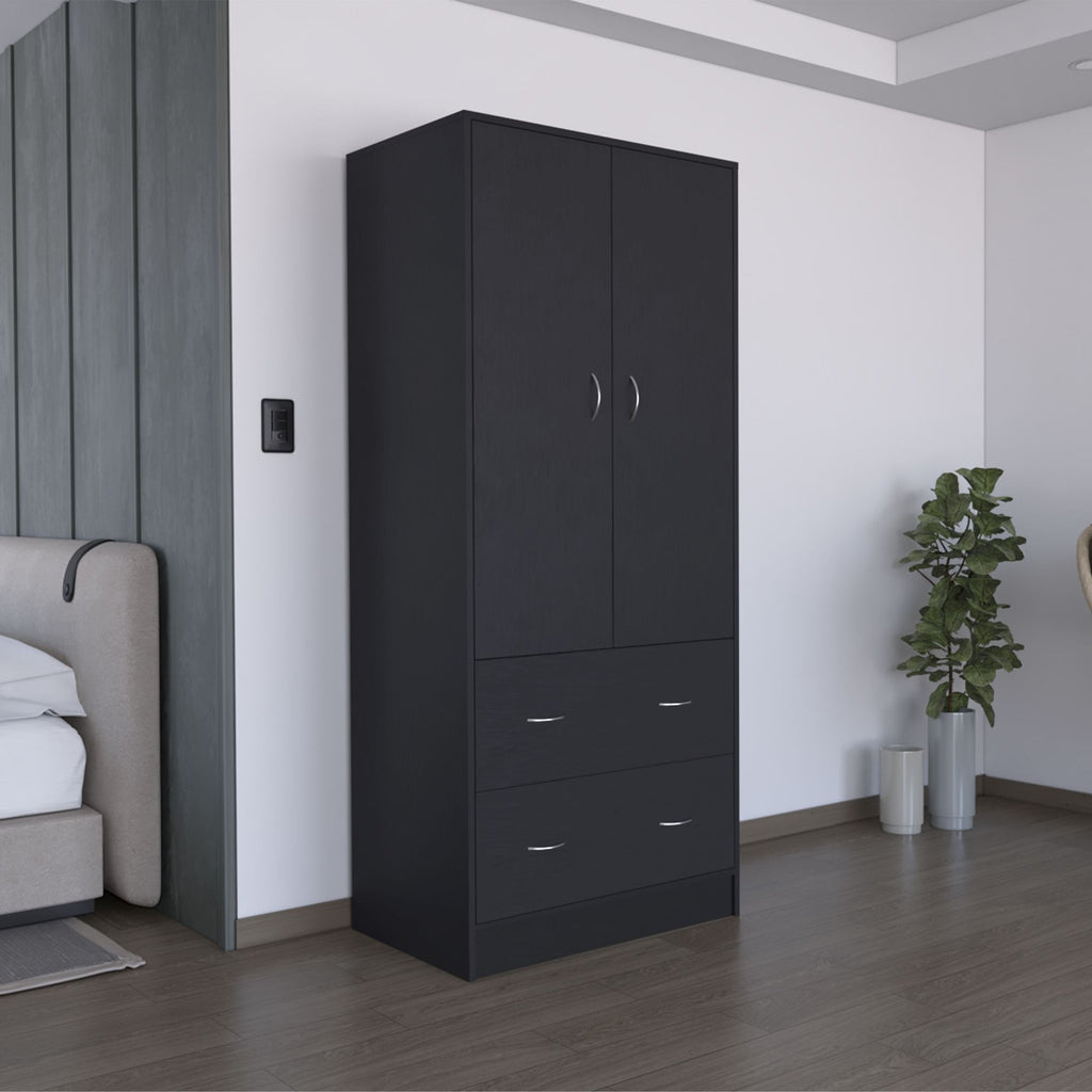 71" H Armoire with Two Doors, Two Drawers, and Hanging Rod,Black
