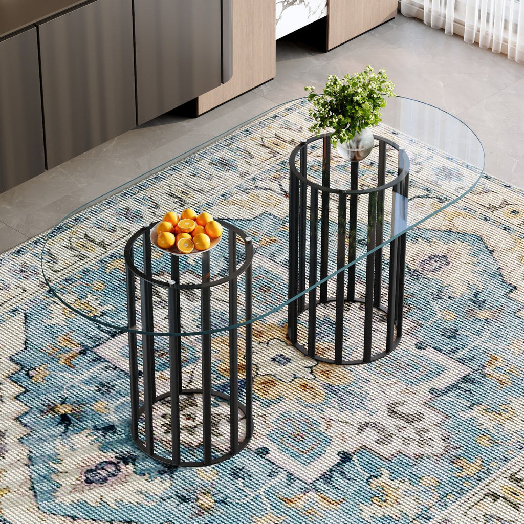 71 inch oval tempered glass dining table,black double column light luxury style,tempered glass scratch resistant and easy to clean.Suitable for 6-8 people dining, modern light luxury restaurant table.