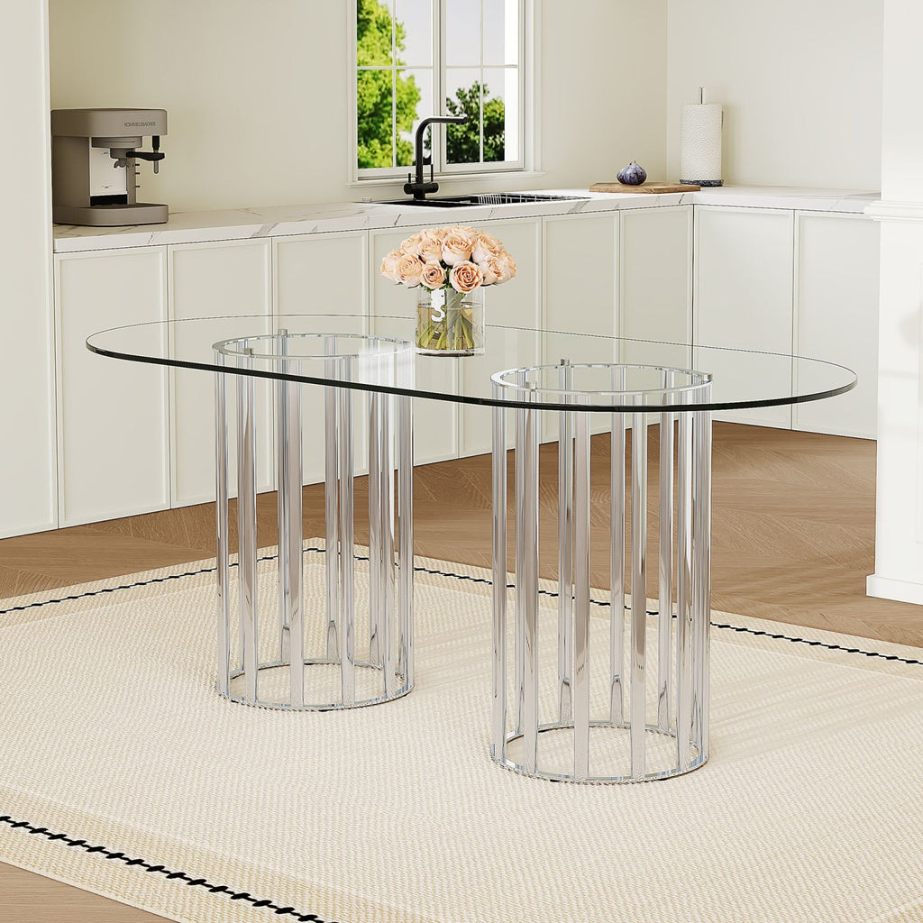 71 inch oval tempered glass dining table,silver double column light luxury style,tempered glass scratch resistant and easy to clean.Suitable for 6-8 people dining,modern light luxury restaurant table.