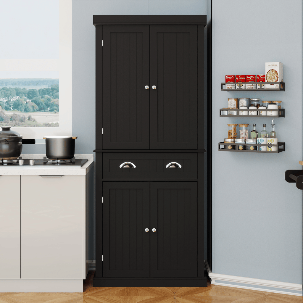 71" Kitchen Pantry Storage Cabinet , with 4 Doors, Drawer, 2 Adjustable Shelves, Freestanding Cupboard for Dining Room Living Room, Laundry-Black