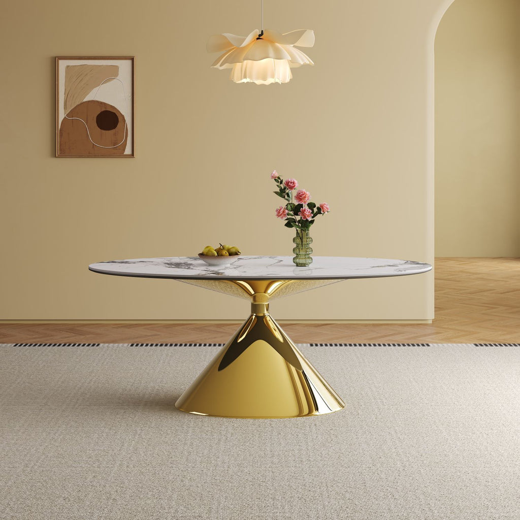 71" Modern Luxury Marble Dining Table Set for 4-6 People - Oval Kitchen Table with Gold Stainless Steel Base - Elegant Contemporary Dining Room Furniture-Only table