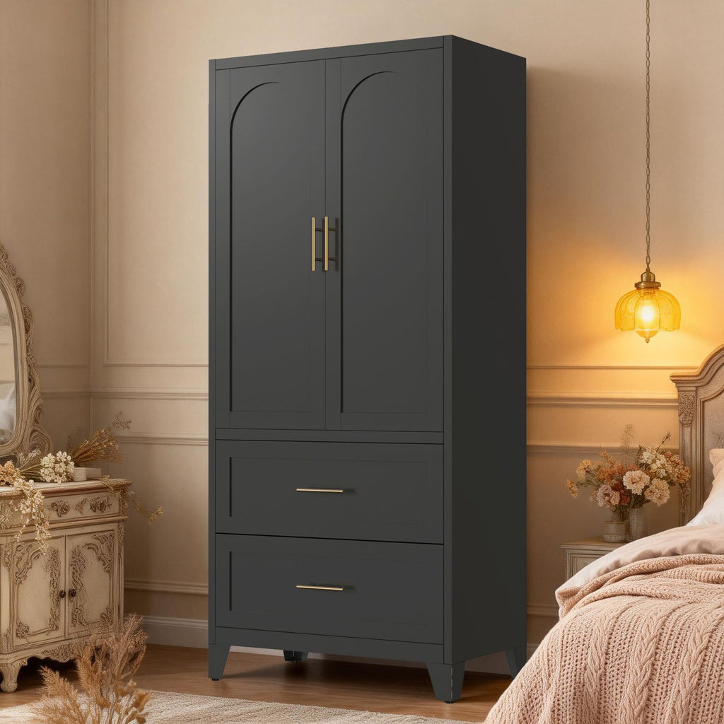 71" Tall Metal Wardrobe Cabinet with 2 Drawers and Hanging Rod, 2 Doors Wardrobe Closet with Shelf for Bedroom, Office, Laundry Room,Entryway ,Foyer,Guesthouse (Black)