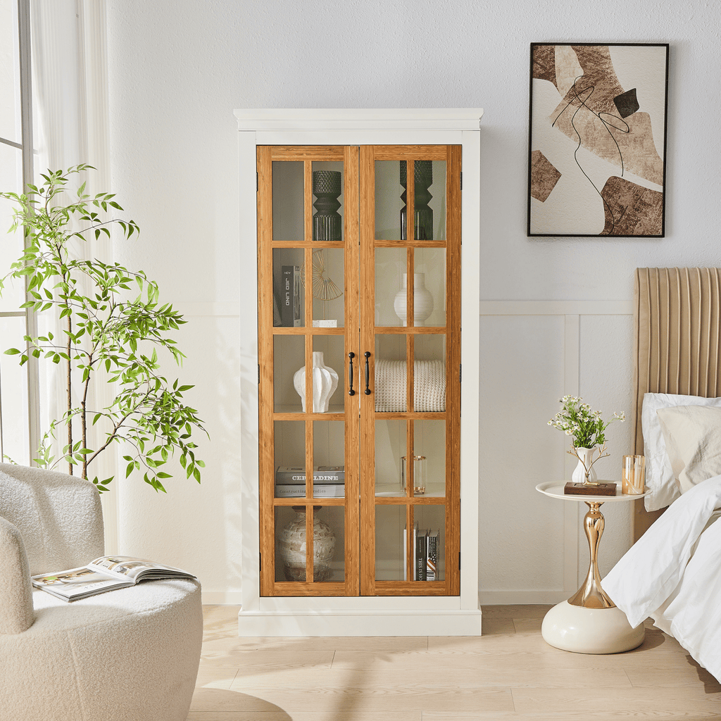 71.2'' Freestanding Pantry Cabinet with Glass Door, Farmhouse Display Cabinets with Adjustable Shelevs, Curio Cabinet with Lattice Window for Hallways, Livingroom Kitchen & Office, White & Brown
