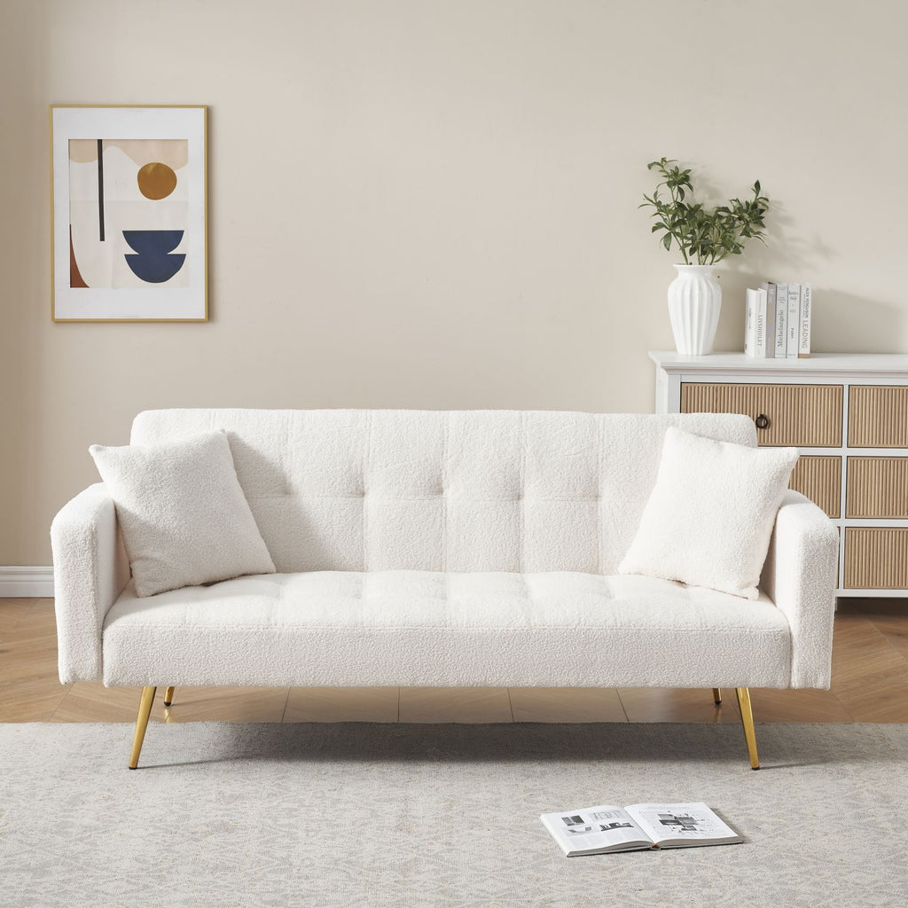 71.7 - inch Beige Teddy Fleece Sofa Bed, accompanied by two luxurious throw pillows for enhanced coziness