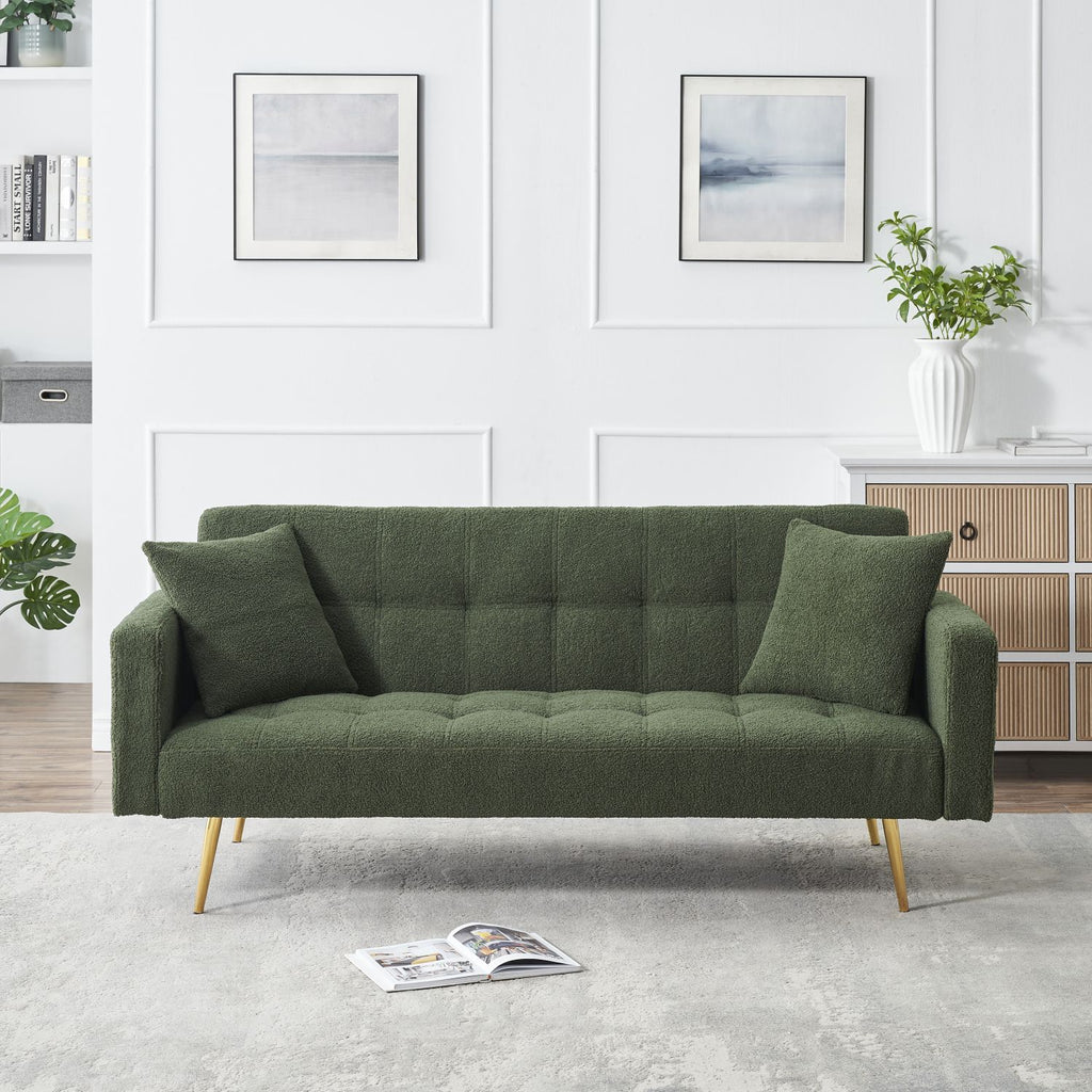 71.7 - inch Green Teddy Fleece Sofa Bed, accompanied by two charming throw pillows