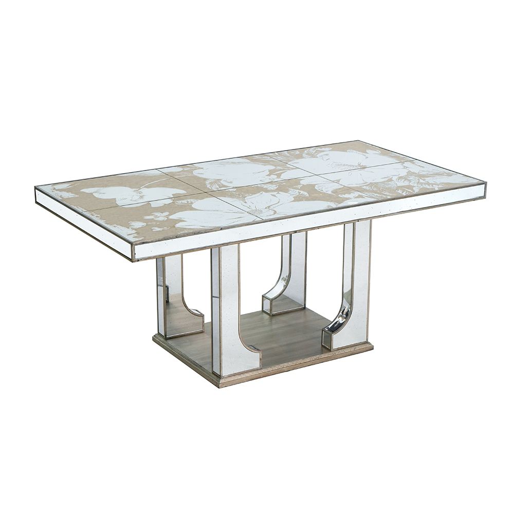 71x39.5x31.5" Large Mirrored Dining Table with Elegant Floral Design and Silver Finish