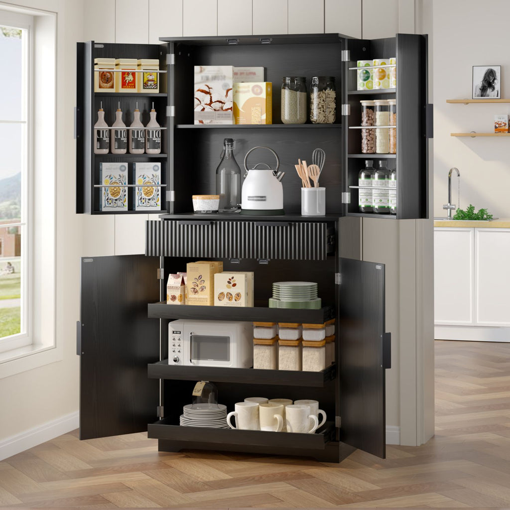 72" Fluted Kitchen Pantry Cabinet with 3 Keyboard Drawers & 6 Door Shelves Adjustable, Freestanding Cupboard Storage Cabinet for for Bathroom Diningroom, Office, Entryway, Black