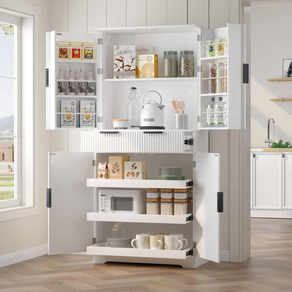 72" Fluted Kitchen Pantry Cabinet with 3 Keyboard Drawers & 6 Door Shelves Adjustable, Freestanding Cupboard Storage Cabinet for for Bathroom, Diningroom, Office, Entryway, White
