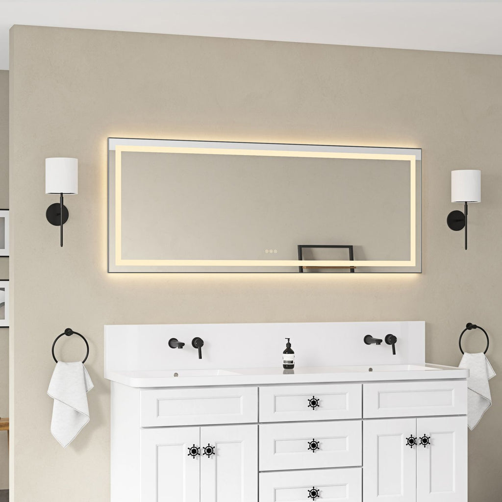 72 x 28 Inch LED Bathroom Mirror with Front and Backlight, Wall Mounted Vanity Mirror with Aluminum Frame, Anti-Fog, Memory, 3 Colors, Stepless Dimmable