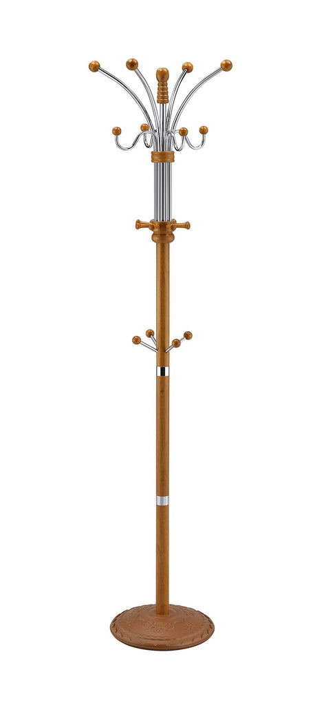 73" Tall Chrome and Wood Coat Rack, Oak finish