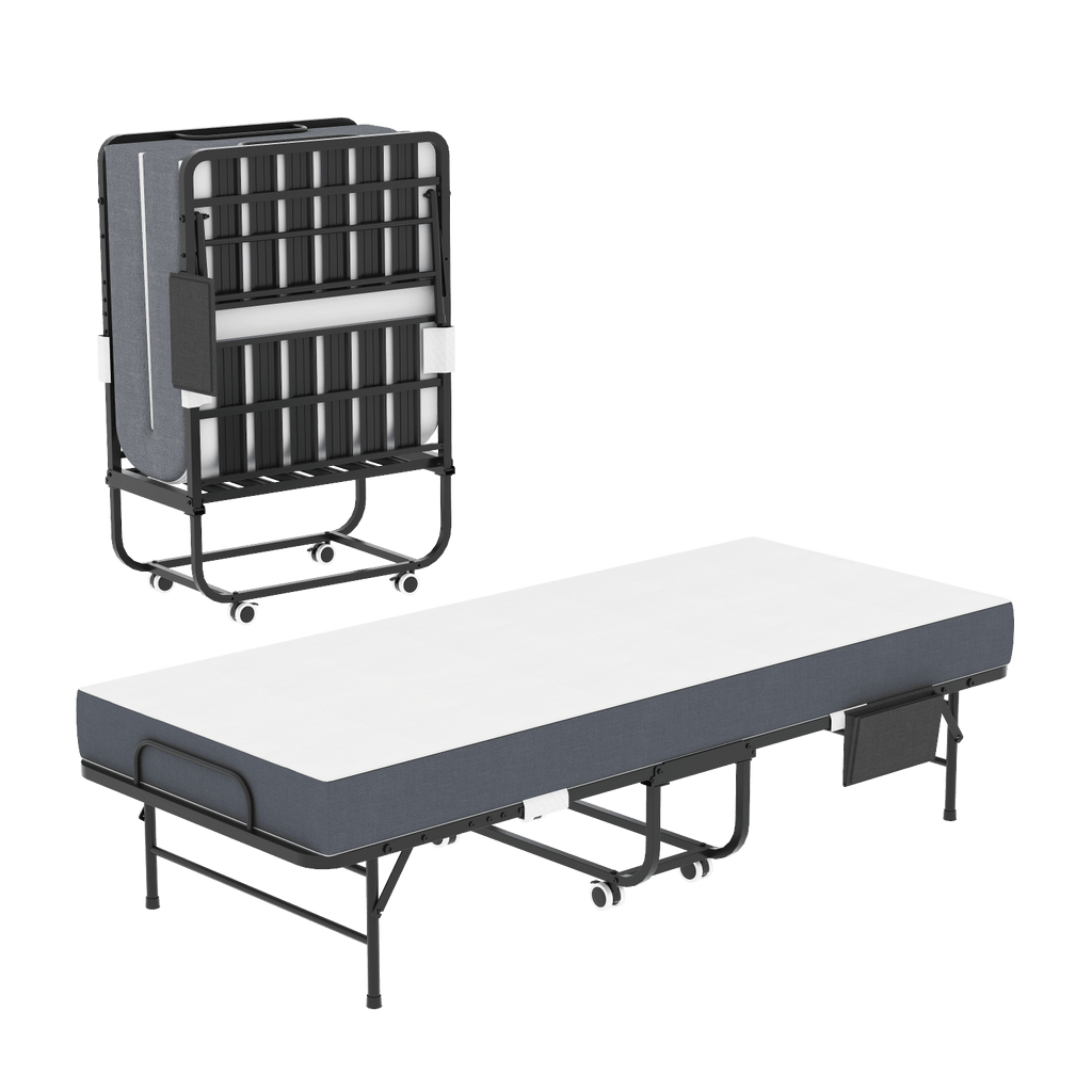 75 Inch Folding Bed with 5" Memory Foam Mattress, Space Saving Rollaway Guest Bed, Heavy-Duty Metal Frame on Wheels, Portable Twin Bed for Adults & Guests